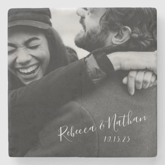 Persoonlijke liefdespaar foto-weduwnaar datum stenen onderzetter (Voorkant)