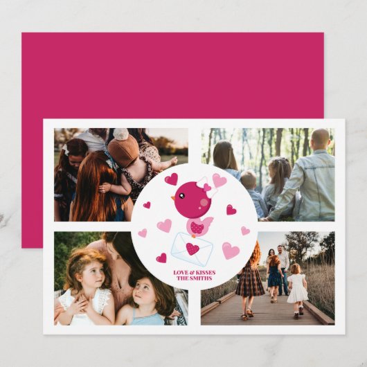 Persoonlijke liefdesvogel 4 Foto Collage Valentijn Feestdagenkaart (Voorkant / Achterkant)