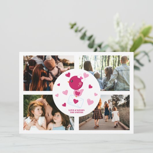 Persoonlijke liefdesvogel 4 Foto Collage Valentijn Feestdagenkaart (Staand voorkant)