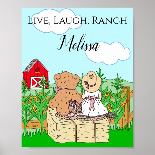 Persoonlijke Lieve Cowgirl en Teddybeer op Ranch Poster (Voorkant)