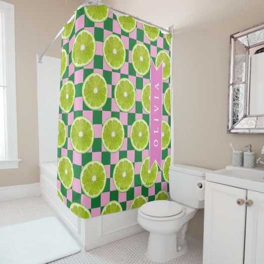 Persoonlijke Lime Gingham Citrus Aangepaste Naam Douchegordijn (In situ)