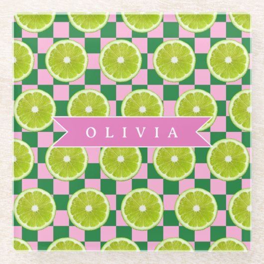 Persoonlijke Lime Gingham Citrus Aangepaste Naam Glazen Onderzetter (Voorkant)