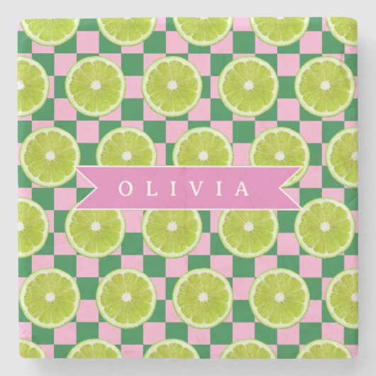 Persoonlijke Lime Gingham Citrus Aangepaste Naam Stenen Onderzetter (Voorkant)