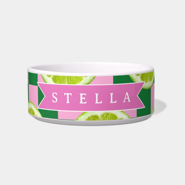 Persoonlijke Lime Gingham Citrus Aangepaste Naam Voerbakje (Voorkant)