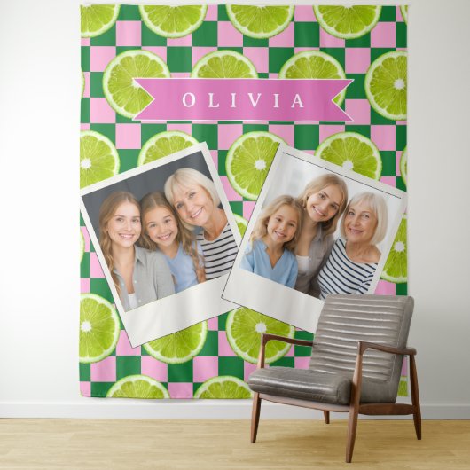 Persoonlijke Lime Gingham Citrus Aangepaste Naam Wandkleed (In situ)
