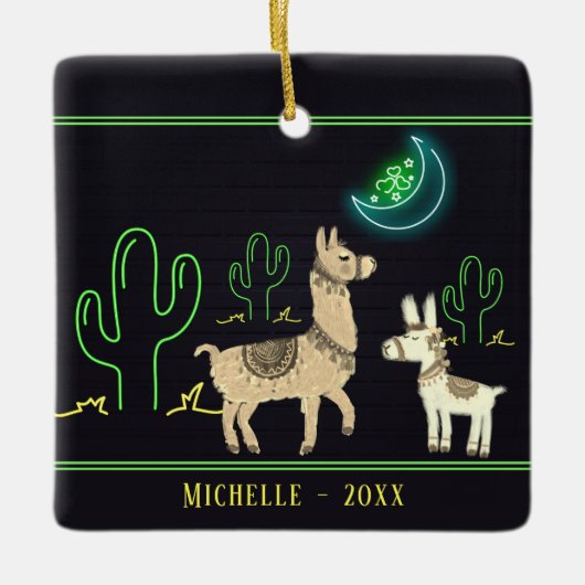 Persoonlijke llamas, Neon Moon en Cacti met Kerstm Keramisch Ornament (Voorkant)