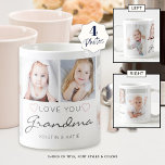 Persoonlijke LOVE U GRANDMA Handgeschreven 4 Foto Koffiemok<br><div class="desc">Creëer een keepasfoto-mok voor een grootmoeder met vier afbeeldingen en de titel LOVE You GRANDMA in modern handgeschreven script in grijs geaccentueerd met een wazige roze harten met de namen van haar kleinkinderen of je aangepaste bericht. Alle tekst en kleuren zijn editable om Grootma in Nana of favoriete naam te...</div>