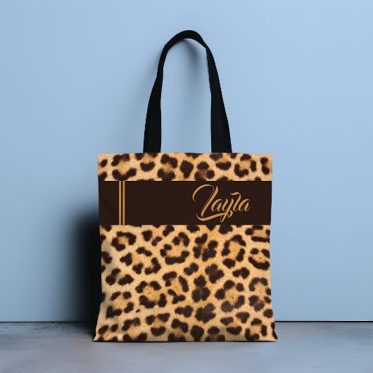 Persoonlijke Luipaardprint Gouden Script Naam Tote Bag
