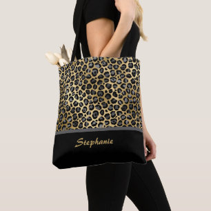Persoonlijke Luipaardprint   Zwart, Grijs & Goud Tote Bag