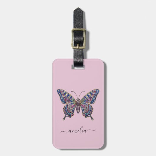 Persoonlijke Luxe Bruisende Glitter Vlinder Bagagelabel (Voorkant verticaal)