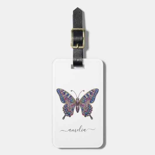 Persoonlijke Luxe Bruisende Glitter Vlinder Bagagelabel (Voorkant verticaal)