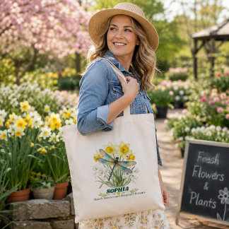 Persoonlijke maart geboortebloem Iris Libel Tote Bag