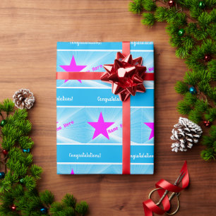 Persoonlijke Magenta Star Blue Gefeliciteerd Cadeaupapier