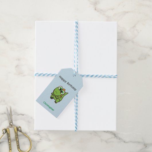 Persoonlijke malle groene dinosauriërs blauwe verj cadeaulabel (Met Touw)