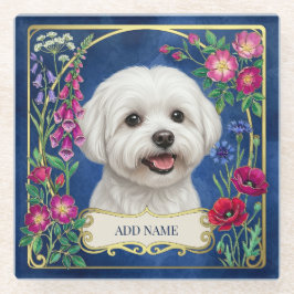 Persoonlijke Maltese hond blauwe bloemenslinger on Glazen Onderzetter
