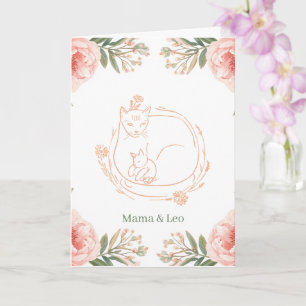 Persoonlijke Mama Kat & Kitten Bloemstuk Moederdag Kaart