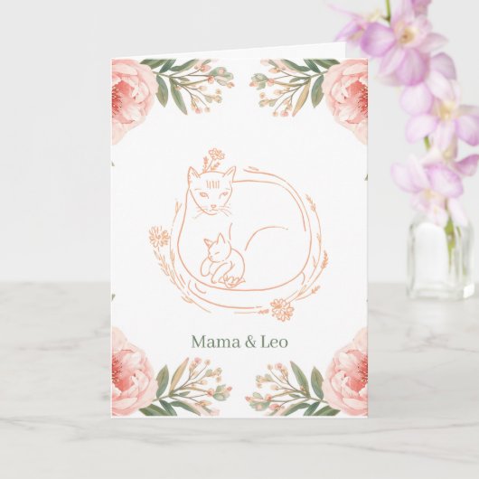 Persoonlijke Mama Kat & Kitten Bloemstuk Moederdag Kaart (Orchidee)