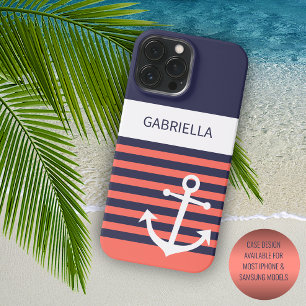 Persoonlijke marine donkerblauw wit oranje strepen iPhone 14 pro max hoesje