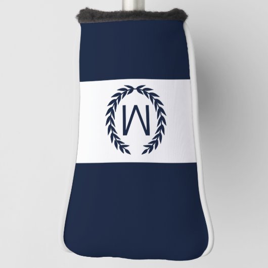 Persoonlijke marine en witte Laurel Wreath Monogra Golfheadcover (Draai 90)