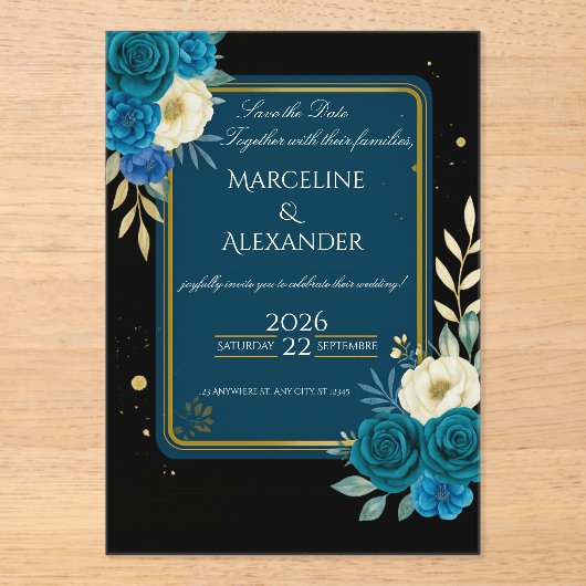 Persoonlijke marineblauwe & blos bloemen uitnodigi acryl uitnodigingen (Voorkant)
