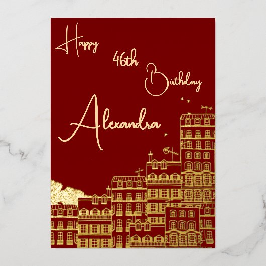Persoonlijke Maroon & Gold Genoemd & Aged Verjaard Folie Uitnodiging (Voorkant)