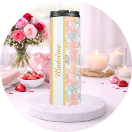 Persoonlijke Meisje Lieve Strik Gingham Naam Thermosbeker