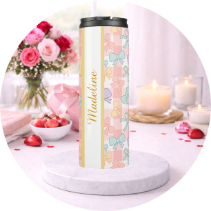 Persoonlijke Meisje Lieve Strik Gingham Naam Thermosbeker