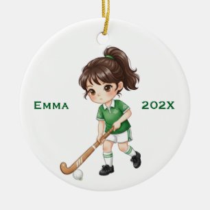 Persoonlijke meisjes (donker haar) hockeyspeler keramisch ornament