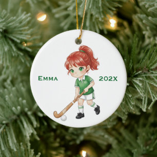 Persoonlijke Meisjes (Rood Haar) Hockeyspeler Keramisch Ornament