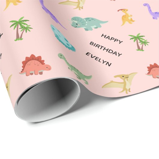Persoonlijke meisjesdinosaurus cadeaupapier (Rol Hoek)