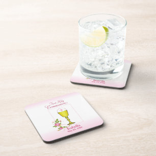 Persoonlijke meisjesnaam roze eerste heilige commu bier onderzetter
