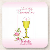 Persoonlijke meisjesnaam Roze Eerste Heilige Commu Bier Onderzetter (Voorkant)