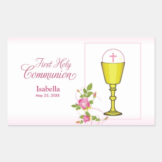 Persoonlijke meisjesnaam Roze Eerste Heilige Commu Rechthoekige Sticker (Voorkant)