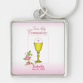 Persoonlijke meisjesnaam Roze Eerste Heilige Commu Sleutelhanger (Voorkant)