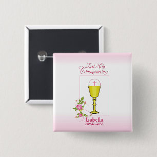 Persoonlijke meisjesnaam roze eerste heilige commu vierkante button 5,1 cm