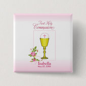 Persoonlijke meisjesnaam Roze Eerste Heilige Commu Vierkante Button 5,1 Cm (Voorkant)