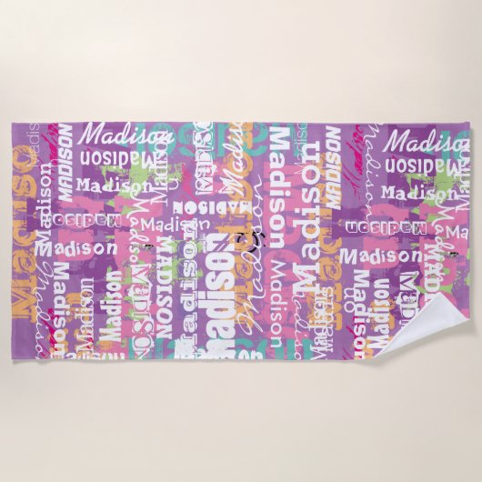 Persoonlijke meisjesnaam Roze Paars Strandlaken (Voorkant)