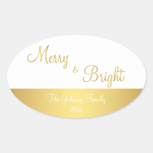 Persoonlijke Merry And Bright Ovale Gouden Sticker (Voorkant)