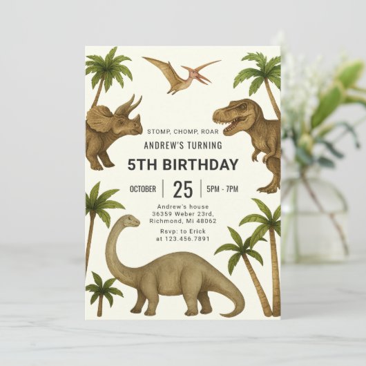 Persoonlijke moderne dinosaurus verjaardag voor jo kaart (Staand voorkant)