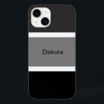 Persoonlijke Moderne Grijs Zwart Wit Streep Naam Case-Mate iPhone 14 Hoesje<br><div class="desc">Moderne,  koele en stijlvolle gepersonaliseerde telefoonhoes met een grijs,  zwart en wit streeppatroon. Grote zwarte en grijze strepen met kleine witte strepen. Gepersonaliseerd met uw naam in zwarte tekst.</div>