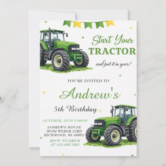 Persoonlijke moderne groene tractor verjaardag kaart (Voorkant)