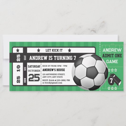 Persoonlijke moderne jongens Soccer Party Ticket V Kaart (Voorkant)