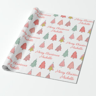 Persoonlijke moderne kerst roze dennenboom cadeaupapier