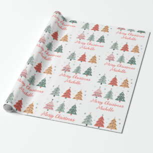 Persoonlijke moderne kerst roze dennenboom cadeaupapier