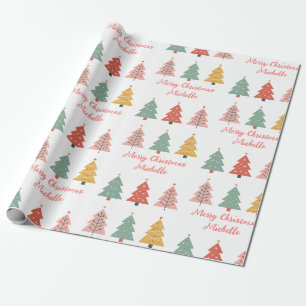 Persoonlijke moderne kerst roze dennenboom cadeaupapier