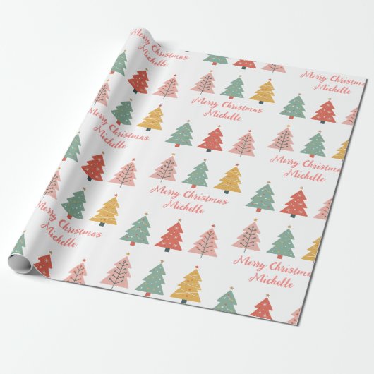 Persoonlijke moderne kerst roze dennenboom cadeaupapier (Uitgerold)
