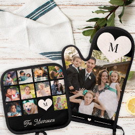 Persoonlijke moderne multi-fotocollage met monogra ovenwant & pannenlap set