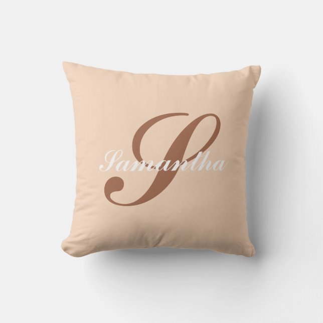 Persoonlijke moderne roze & bruine monogramnaam kussen (Voorkant)