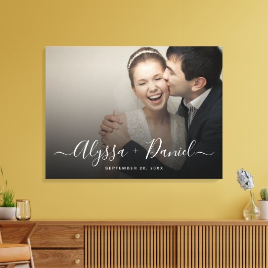 Persoonlijke moderne scriptnamen trouwfoto canvas afdruk (Insitu (Woonkamer))