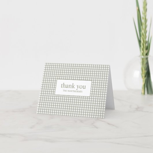 Persoonlijke moderne typografie groene gingham bedankkaart (Voorkant)
